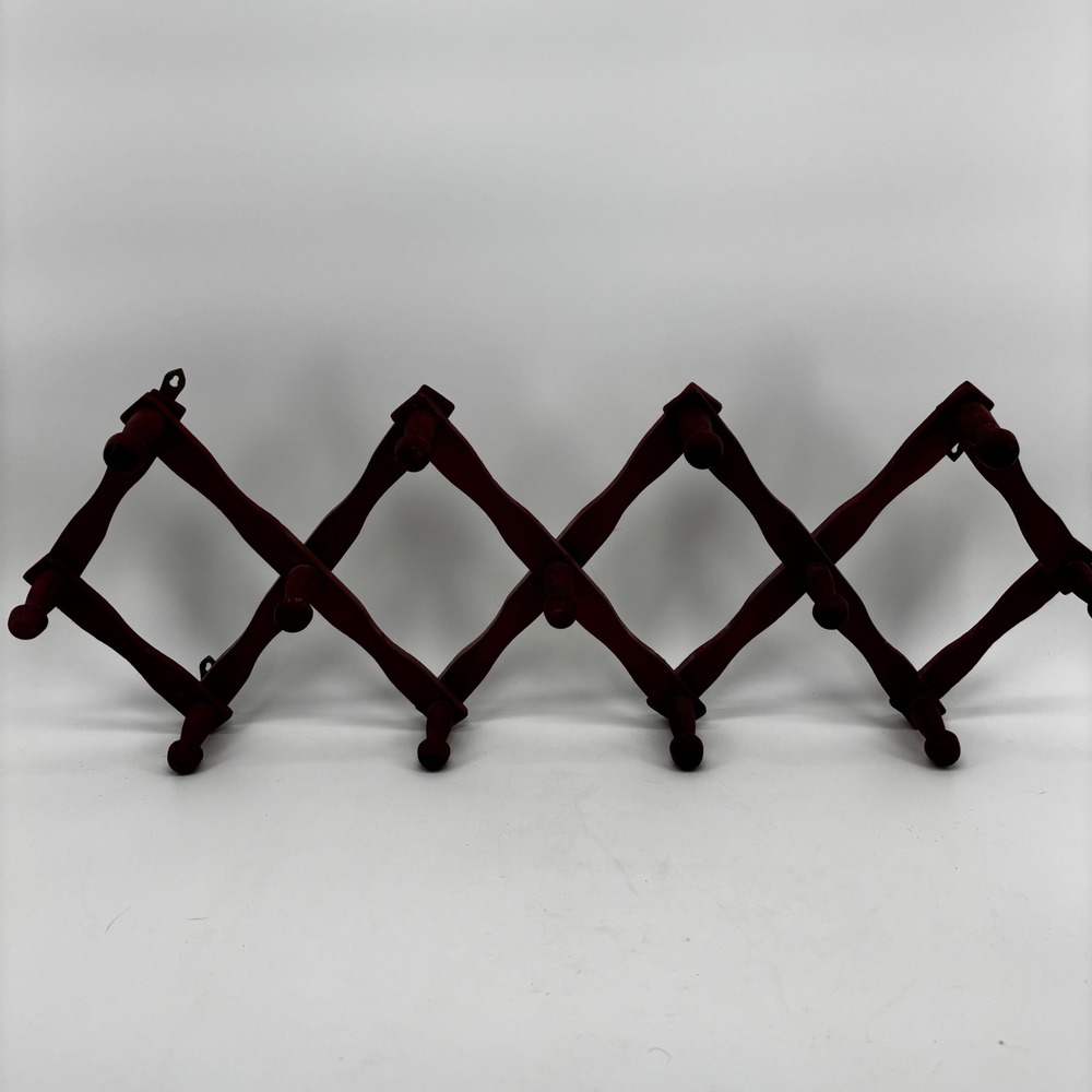 Vintage Wood Accordion Wall Rack Expandable 10 Peg Hat Coat Mug Hanger Red Brown